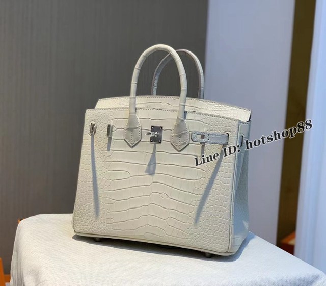 Hermes專櫃經典款鱷魚皮包 愛馬仕birkin25冰川白美洲鱷魚皮銀扣全手工 ttd1514